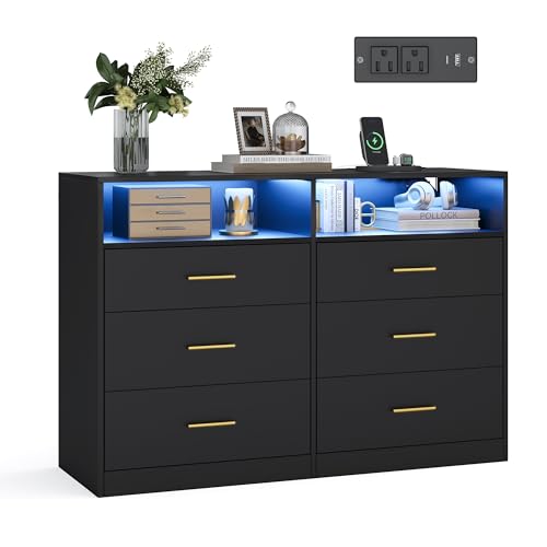 VASAGLE Custos Collection - Dresser for Bedroom with LED Lights and Power Strip Chest of Drawers Modern TV Stand for Living Room 6 Drawers 15.8 x 46.9 x 32 Inches Ink Black ULTS316BC01S