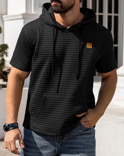 Aiyino Men's Hoodies Pullover Casual Short Sleeve Drawstring Waffle Knit Hooded Sweatshirt with Kanga Pocket3