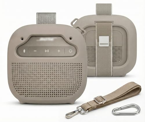 GETGEAR Protective Silicone case for Bose New SoundLink Micro Portable Bluetooth Speaker (2nd Gen) -Anti-Slip Silicone Cover with Stand Feet,Carabiner & Adjustable Neck Strap (Sandstone)