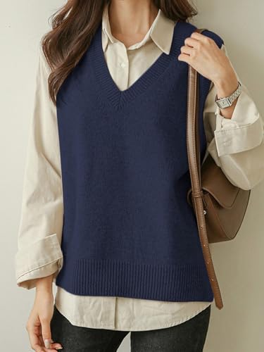 Image of Wowcarbazole Womens V Neck Sweater Vest Casual Ribbed Knitted Sleeveless Trendy Pullover Tank Tops Fall