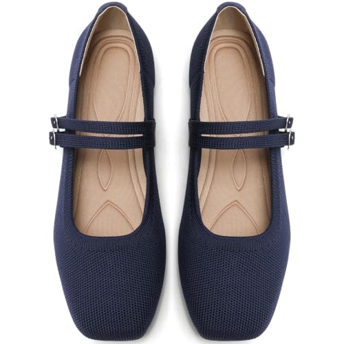 putaoma Womens Flats Square Toe Knit Mary Jane Ballet Shoes Soft Foldable Buckle Strap Women Shoe Comfortable Dressy Slip On Flat for Casual Office Work Navy