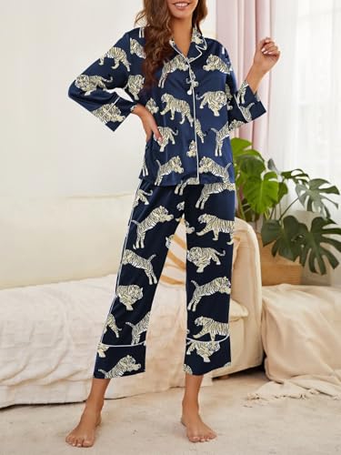 Image of Brosloth Women's Silk Satin Pajamas Pjs Sets Cute Lace Pattern Two Piece Loungewear Set Button Up Pajamas Sleepwear Black