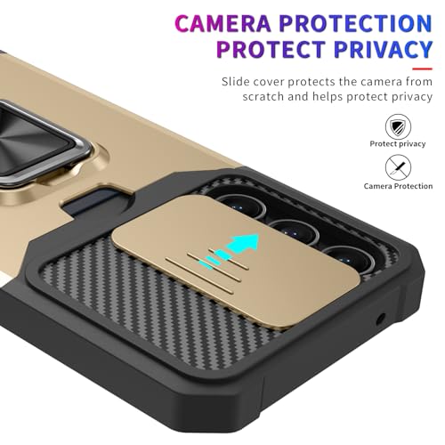 Image of LuxuryKase Shockproof Armor Case for Samsung Galaxy S26 Plus | Slide Camera Cover | Hidden Card Slot | Rotating Ring Kickstand | Magnetic Car Mount Support | Military Grade Protection - Gold