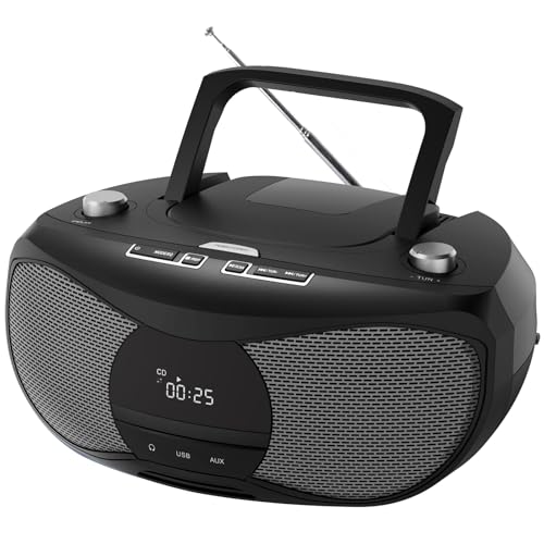 LONPOO Reproductor de CD portátil | 5 W estéreo Bluetooth Boombox | Botón Giratorio de Radio FM | Botón de Apertura de la Tapa del Coche | Pantalla LCD Grande | Puertos USB/AUX/Auxiliar Ocultos