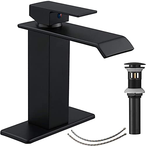 Best Deal Cheap 🛒 Bathfinesse Black Bathroom Faucet Waterfall Bath Sink Faucets with Pop Up Drain Stopper Modern Square Single Handle One Hole Deck Mount Basin Tap Commercial with Optional Deckplate Supply Lines