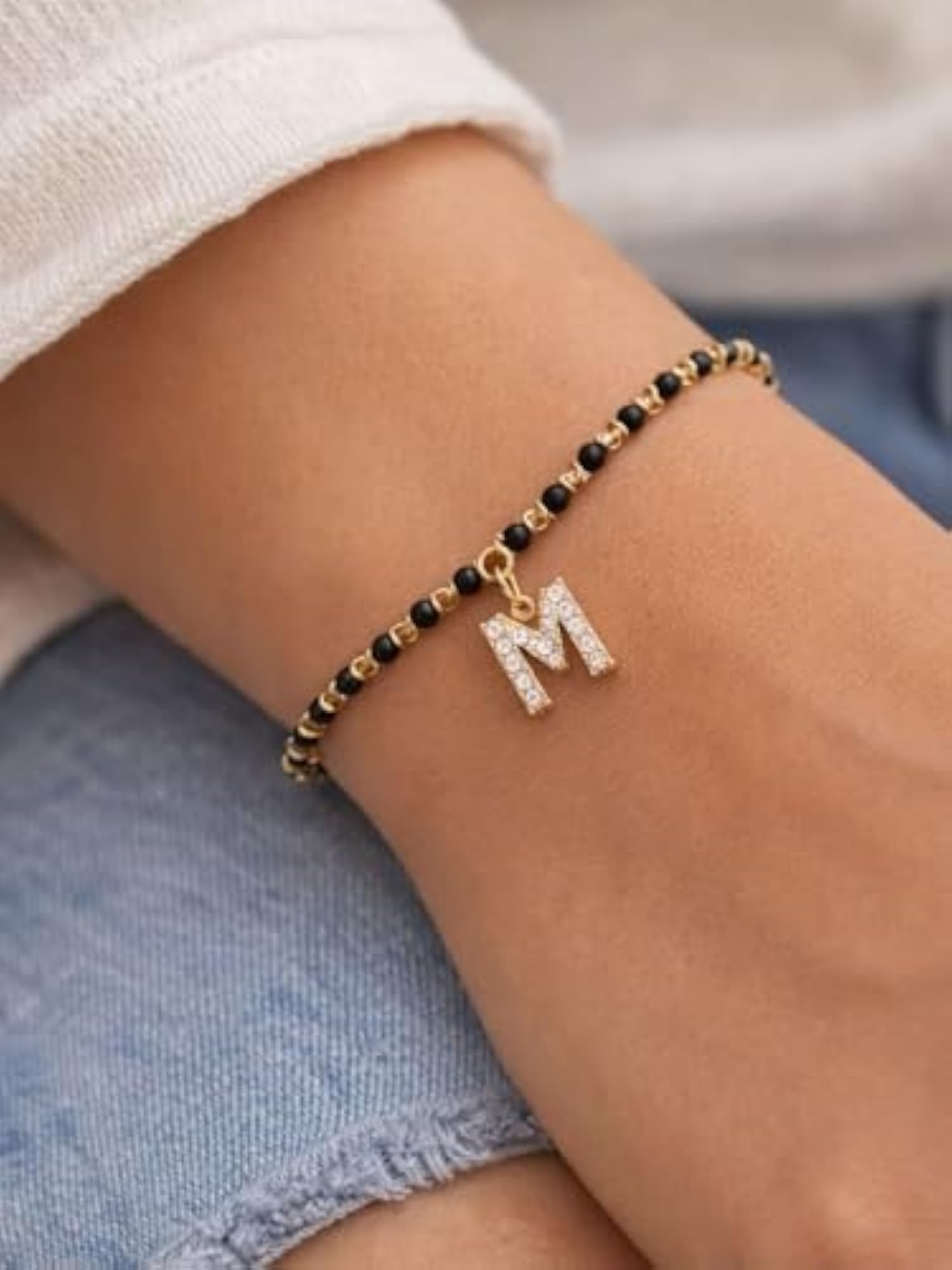 Gold Plated Adjustable M Letter Alphabet Mangalsutra Bracelet
