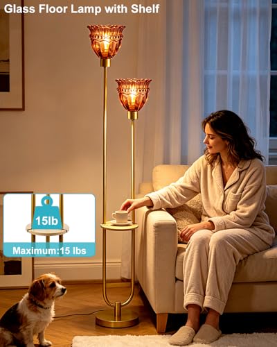 Image of Lightdot 2-Lights Glass Floor Lamp with Table Modern Gold Standing Tall Lamps with Pomegranate Red Glass Shade, LED Floor Lamp with Foot Switch for Living Room Bedroom Home Decor (Bulbs Included)