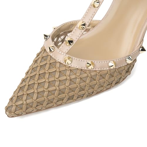 Image of XINIUNIU Studded Heels for Women Kitten Heels with Studs Stiletto Sandals with Rivet Ankle Strap Patent Leather Pointy Toe 2.5 Inch Party Daily Wear Evening Sandals