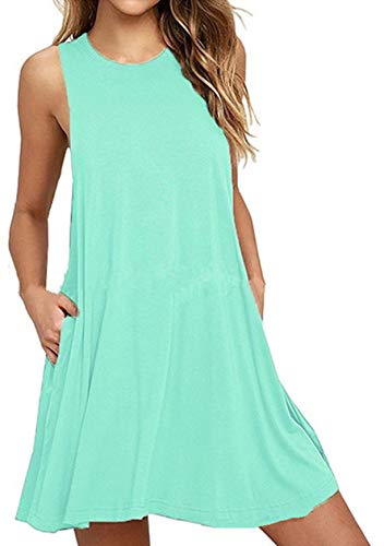 OMZIN Women's Sleeveless Pocket Summer Casual Dress with Pockets Swing Dress Loose T-Shirt Dress Mint Green S