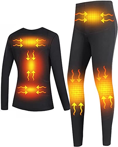 HHY Thermal Underwear Women, Electrically Heated Thermal Underwear Set USB Heatable Thermal Pants Thermal Shirt Thermal Underwear Winter Base Layer Heating Clothing for,Black,M