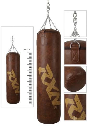 Image of RXN Powerstrike Boxing Punching Bag (Brown, 100 CM) | Synthetic Leather | Pre-Filled | Heavy-Duty Build | 4-Way Chain Included | Boxing, MMA & Kickboxing Training