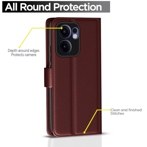 Image of Pikkme Flip Cover Leather Finish | Inside TPU with Card Pockets | Wallet Stand and Shock Proof | Complete Protection Button Flip Case for Oppo Reno 13F 5G(Brown)