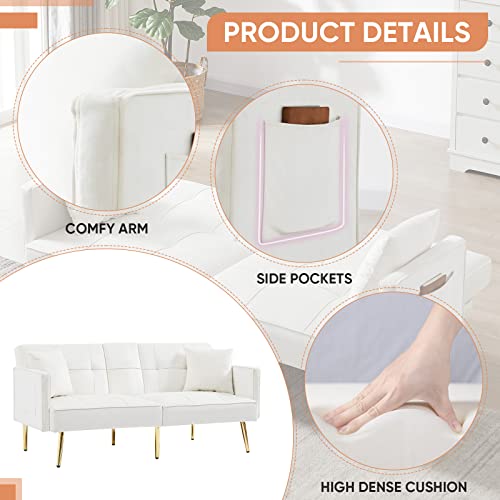Antetek Convertible Futon Sofa Bed, 69-Inch Modern Tufted Velvet Sleeper Sofa Couch Oversized Loveseat Sofa W/3 Adjustable Positions, 6 Metal Legs And Cup Holder For Living Room Bedroom Office, White #TOP6