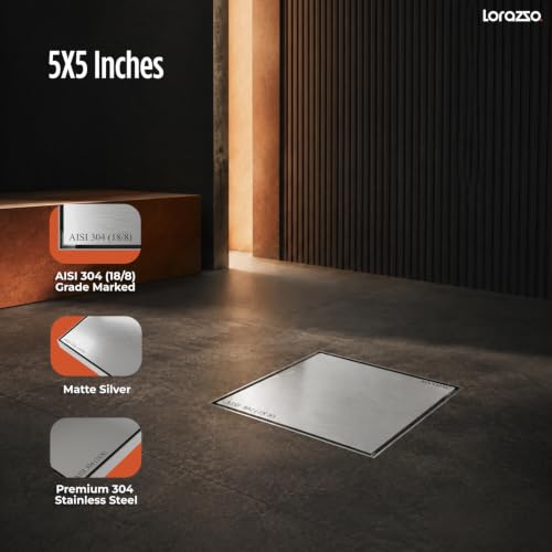 Image of Lorazzo Linea Tile-Insert Shower Drain Channel 5x5 Inch | Built-in Cockroach Trap | SS304 Stainless Steel | Silver Finish | Bathroom Shower Floor Drain | 10 Year Warranty