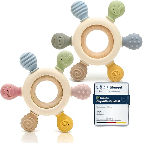 CAJA Beißring Baby 2er Set BPA freie Zahnungshilfe und Beißspielzeug aus Silikon und Holz Greifring mit Tiermotiv Geschenkidee zur Geburt Sicheres Babyspielzeug für Jungen und Mädchen