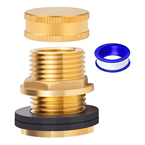 Breezliy Brass Male Garden Hose Bulkhead Fitting Drain/Flush Port Kit 1/2" Female 3/4" Male Soild Brass Water Tank Connector Bulkhead Tank Fitting With 2 Rubber Ring Stablizing 1pc Cover