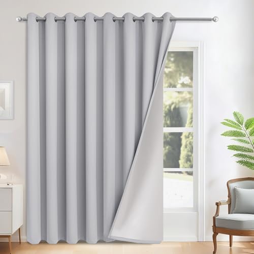 Yakamok Light Grey Room Darkening 100% Blackout Curtains Grommet Extra Wide Window Treatment with 2 Thick Layers-Grey Thermal Insulated Drape 1 Panel for Living Room Patio Door 100 by 84 Inches Length
