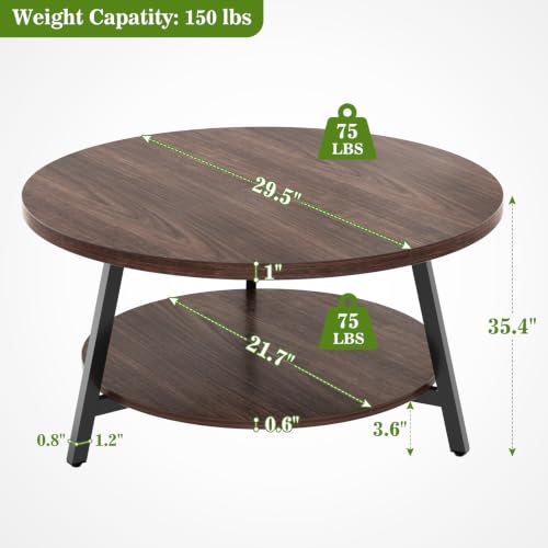 Image of Armocity 29.5 inch Round Wood Coffee Table with 2-Tier Storage, 1 inch Thick Top