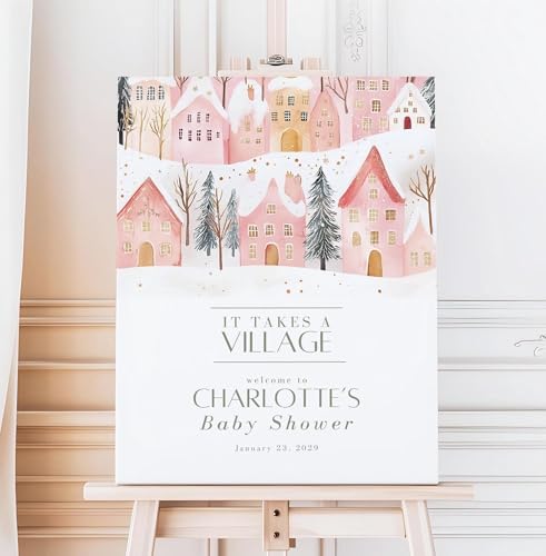It Takes a Village Baby Shower Welcome Sign, Pink Winter Theme Party Poster, Snowy Celebration Decor, Baby Girl Gathering Accent, Cozy Holiday Brunch Display Board, Festive Christmas Event Piece