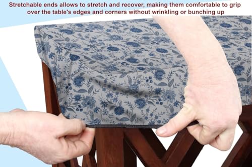 Image of The Furnishing Tree Elastic Cotton Rectangular Center Table Cover 24x60 in Inches Floral Blue on White Base