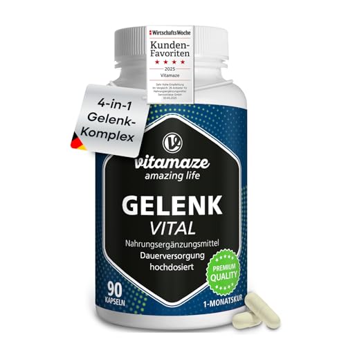 Vitamaze Kapseln hochdosiert mit Glucosamin + Chondroitin + Hyaluronsäure + MSM, 90 Kapseln als 1 Monatskur, Natürliche Nahrungsergänzung ohne Zusatzstoffe, Made in Germany