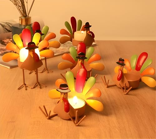 Paquete de 6 portavelas de metal con forma de pavo, portavelas de Acción de Gracias, portavelas de metal con forma de pavo, decoración para el hogar y la cocina, Acción de Gracias