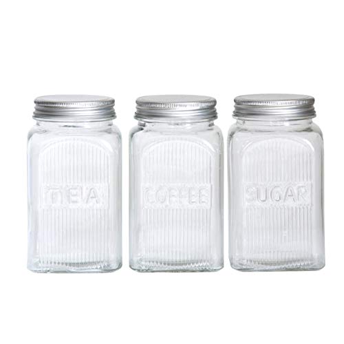 Elegant Home Collection 3 Piece Air Tight Canister Set - Mason Glass Ribbed with Screw-On Tin Lids - Perfect for Coffee, Sugar, and Tea - 40oz Capacity Each