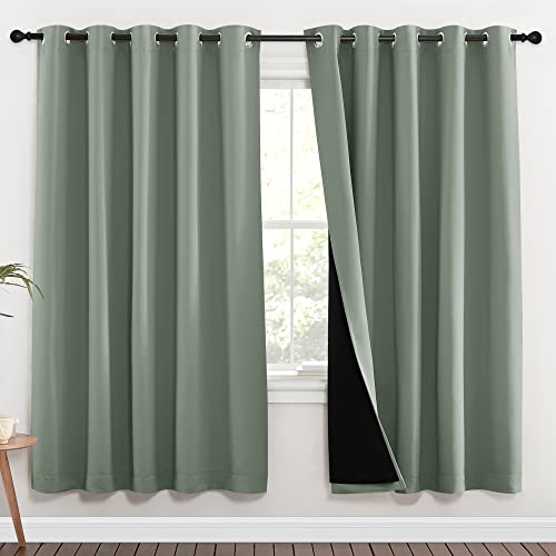 Image of NICETOWN 100% Blackout Window Curtain Panels, Full Light Blocking Drapes with Black Liner for Nursery, 72-inch Drop Thermal Insulated Draperies (Greyish Green, 2 Pieces, 70-inch Wide Per Panel)