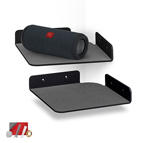 BRAINWAVZ 2-Pack 8” Corner Floating Shelf for Speakers, Books, Decor, Plants, Cameras, Photos, Kitchen, Bathroom, Routers & More Universal Small Holder Acrylic Wall Shelves (Black)