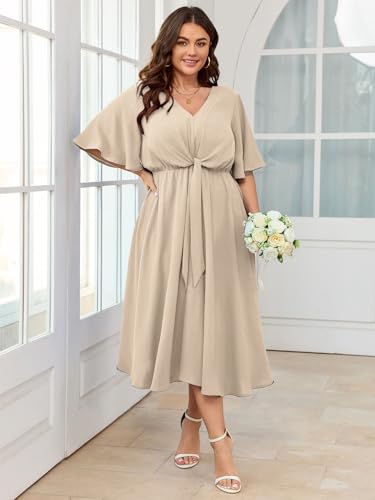 Image of SCOMCHIC Women Plus Size Midi Dresses Wedding Guest Short Sleeve V Neck Tie Waist Casual Summer Flowy A Line Dress