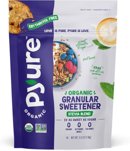 Image of Pyure Organic Stevia Blend | Granulated Sugar Substitute with Zero Calories & Carbs | Keto, Diabetic & Vegan Friendly | Sugary Taste Alternative | USDA Organic, Non-GMO | Erythritol Free | Good For Baking | 2.5lb (40oz)