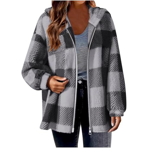 Womens Fleece Shacket Jacket Plus Size, Ladies Plaid Shirt Jacket Oversized Hoodie Teddy Fleece Fuzzy Hooded Coats Zip Up Casual Long Sleeve Fluffy Tartan Checked Coat Size 8-22