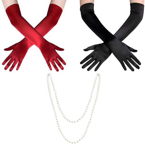 LURVOUS 2 Paires Gants Satin Longs Femme, Gants de Fête pour Festival avec Collier de Perles en Plastique, Gant pour Jeux de Rôle Dîners Péras Bals...