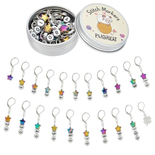PLIGREAT 22 Pcs Colorful Star Number Beads Charms Crochet Stitch Marker Knitting Row Counter Locking Mark Needle Clip Knitting Tool Kit with Storage Tin Box Gift for Mom DIY Jewelry Crafts Accessories