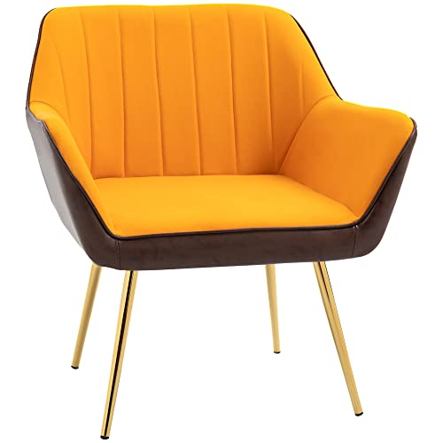 HOMCOM Butaca de Salón Sillón de Salón Tapizado en Cuero Sintético y Terciopelo con Reposabrazos Patas Doradas y Marco de Acero Butaca para Dormitorio Sala de Estar Carga 120 kg Amarillo