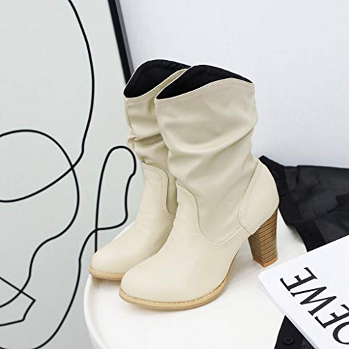 MIOKE Women's Fashion Western Slouch Ankle Boots Round Toe Chunky Block High Heel Cowboy Dress Short Booties3