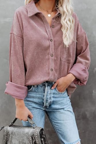 Image of Magritta Womens Shirts Button Down Long Sleeve Collared V Neck Oversized Blouses Tops with Pockets