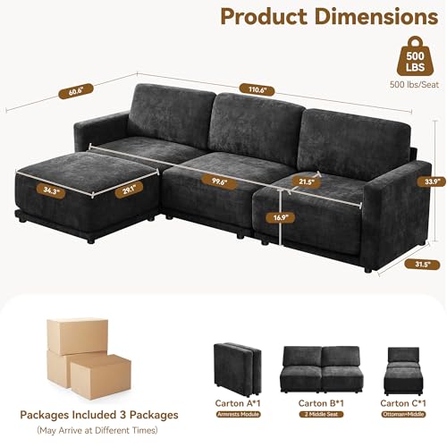 Image of 110.6 inch L Shaped Sectional Sofa, Modular Cloud Deep Seat Couch with Movable Ottoman, Oversized Thicked 4-Seats Sofas for Living Room, Chenille Black