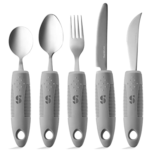 Special Supplies Adaptive Utensils (4-Piece Kitchen Set) Wide, Non-Weighted, Non-Slip Handles for Hand Tremors, Arthritis, Parkinson’s or Elderly Use - Stainless Steel Knife, Fork, Spoons - Grey