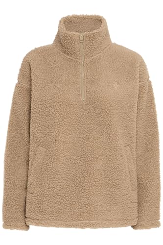 OXMO OXTolirone Damen Teddy-Pullover Sweater Pullover mit Troyerkragen Eingrifftaschen Loose fit, Größe:L, Farbe:Dune (171009)