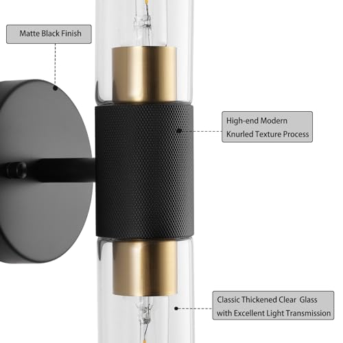 Image of BYOLIIMA Modern Knurled Texture Wall Sconce Clear Glass Shade Modern Gold Black Bathroom Vanity Light Fixtures 2-Lights Mid Century Wall Light for Mirror Living Room Hallway E26 T10 Bulbs(Excluded)