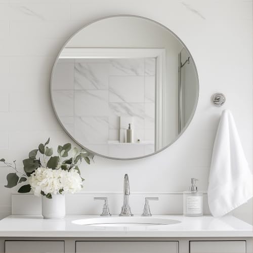 Image of Oruii Large Round Mirror, 30 inch Silver Circle Mirror, Silver Metal Frame | High Definition,Waterproof,Rust-resistant,Round Mounted Mirrors for Bathroom,Living Room,Bedroom,Hallyway,Vanity,Wall Decor