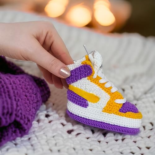Handmade Crochet Baby Booties Jordan-Style - LA Basketball Team Colors - Soft Organic Newborn Shoes - Custom Baby Sneakers - Sizes 0-12 Months2