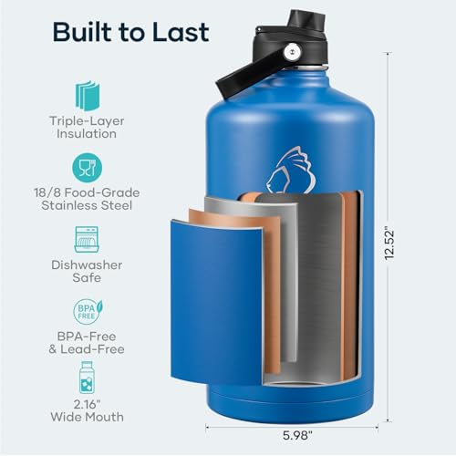 Image of BUZIO 1 Gallon Water Bottle Insulated with Dust-Proof Straw & Spout Lids