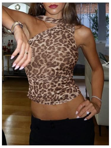 Image of RoseSeek Women's Y2K Leopard Polka Dots Halter Asymmetrical Neck Crop Tops