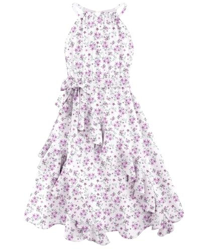 Teen Dresses Size 12-14 Kids Elegant Semi Formal Spring Easter Sundress Summer Wedding Guest Halter Sleeveless Dress Purple Floral