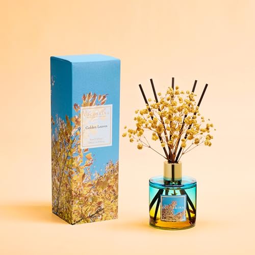 Image of COCORRINA Reed Diffuser - Golden Leaves Reed Diffuser Set with 8 Sticks & Preserved Baby's Breath, Reed Diffuser for Home Bathroom Shelf Decor