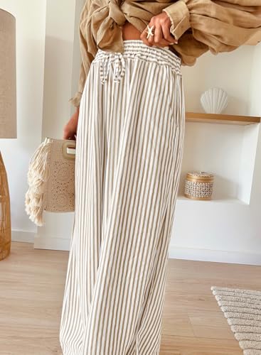 Image of Acelitt Women Casual Drawstring Elastic Waist Striped Wide Leg Pants with Pockets, S-XXL