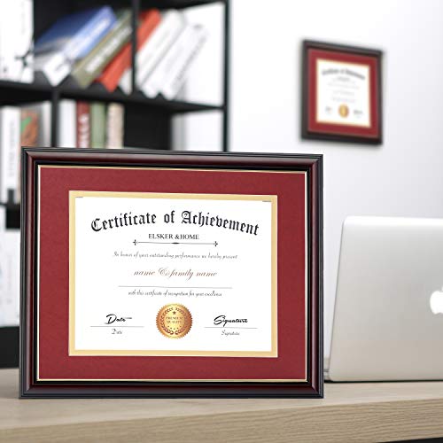 Image of ELSKER&HOME 8.5x11 Diploma Frame with Red Mat,Real Wood Reddish | Document Frame Matte Reddish Brown Frame for Certificates Sized 8.5x11with Mat and 11x14 Without Mat (Red with Golden Rim)