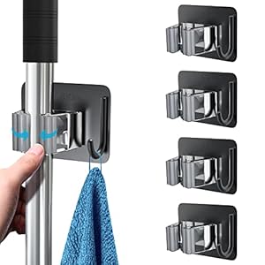 Mop Broom Holder, Homeasy 4 Pcs Stainless Steel Self Adhesive Mop Holder Wall Mounted with Hooks Hanger Self-Adhesive…